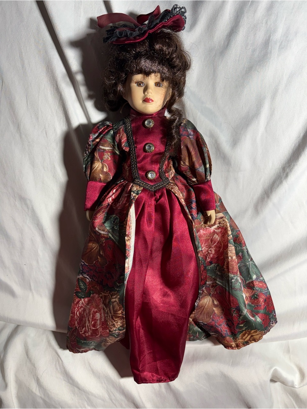 Vintage-Style Burgundy Floral Porcelain Doll for Kids